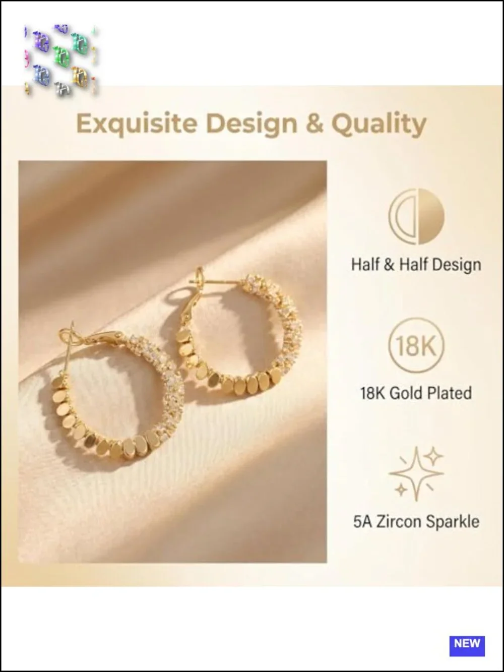 18K Gold Plated Hoop Earrings with Cubic Zirconia and 925 Sterling Silver Post